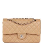 Chanel Classic Flag Bag Medium Classic Double Flap Bag Beige   Silver Hardware