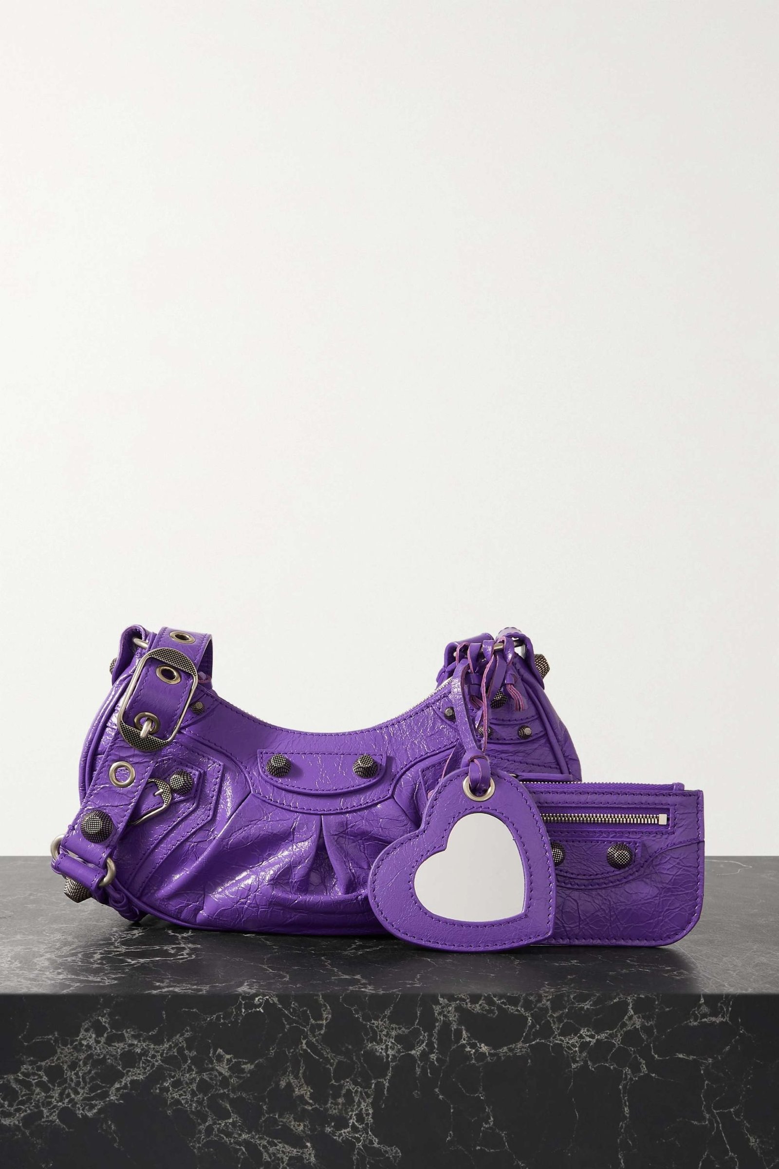 BALENCIAGA Le Cagole XS studded crinkled-leather shoulder bag purple