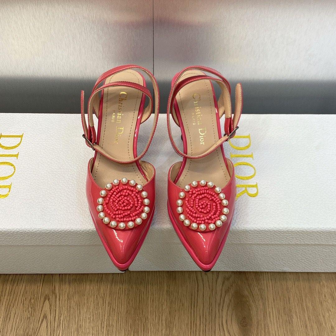 Dior Pearl Beading Flower Ankle Strap Slingbacks