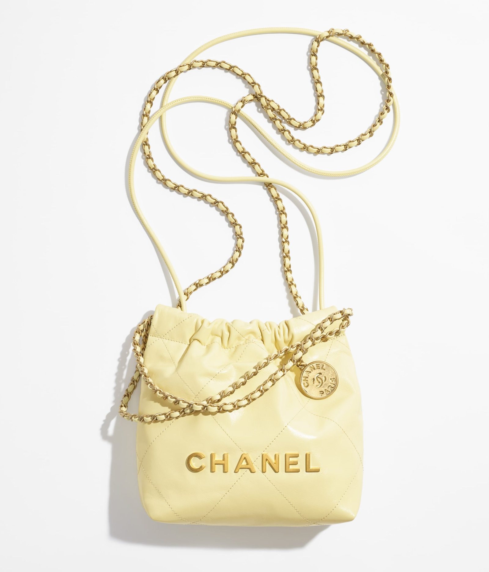 CHANEL 22 MINI HANDBAG Shiny Calfskin & Gold-Tone Metal Light Yellow
