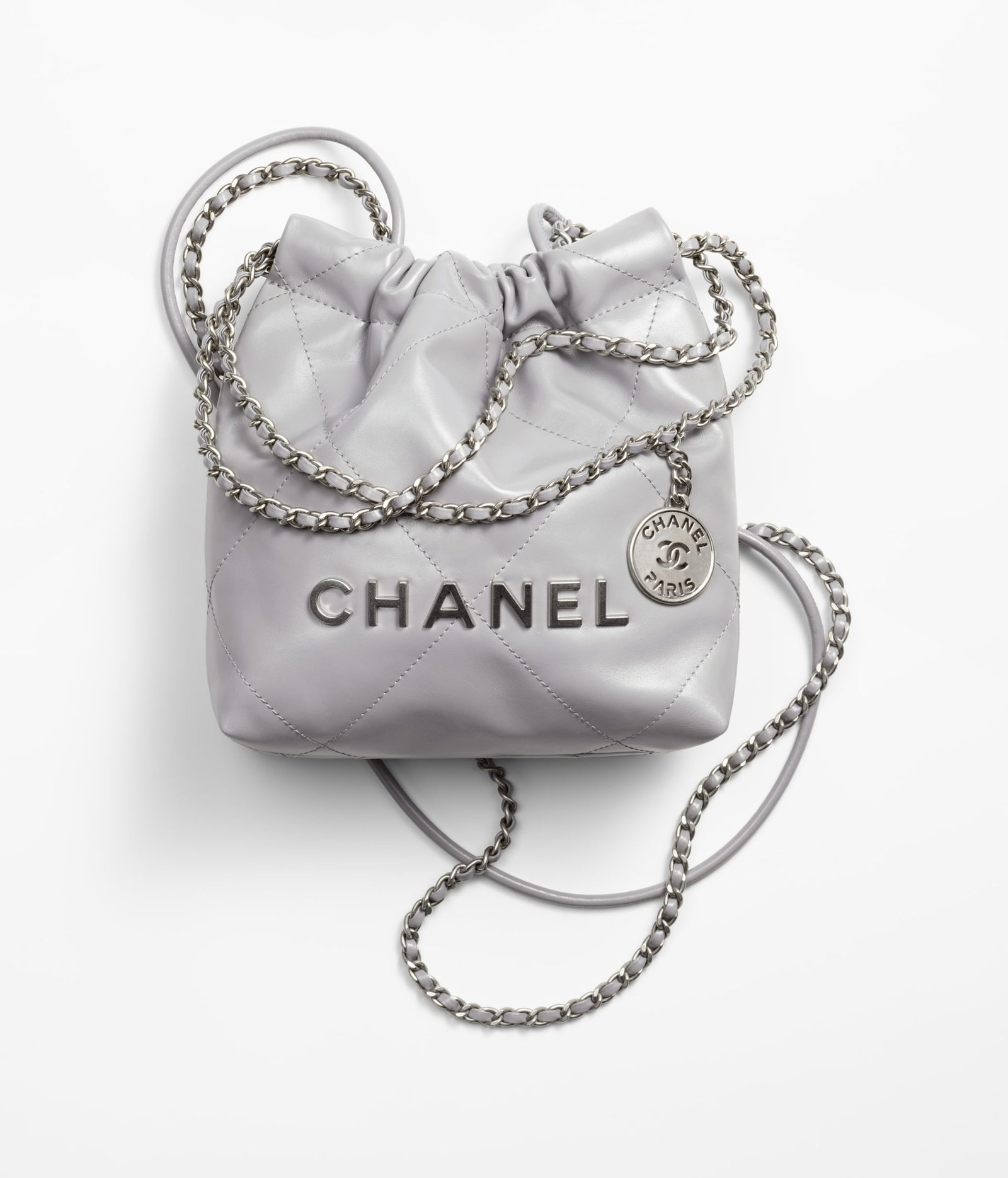 CHANEL 22 MINI HANDBAG Calfskin & Silver Metal Grey