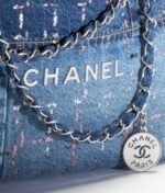 CHANEL 22 HANDBAG Denim Patchwork, Glitters & Silver-Tone Metal Light Blue, Blue, Pink, White & Dark Blue - Image 4