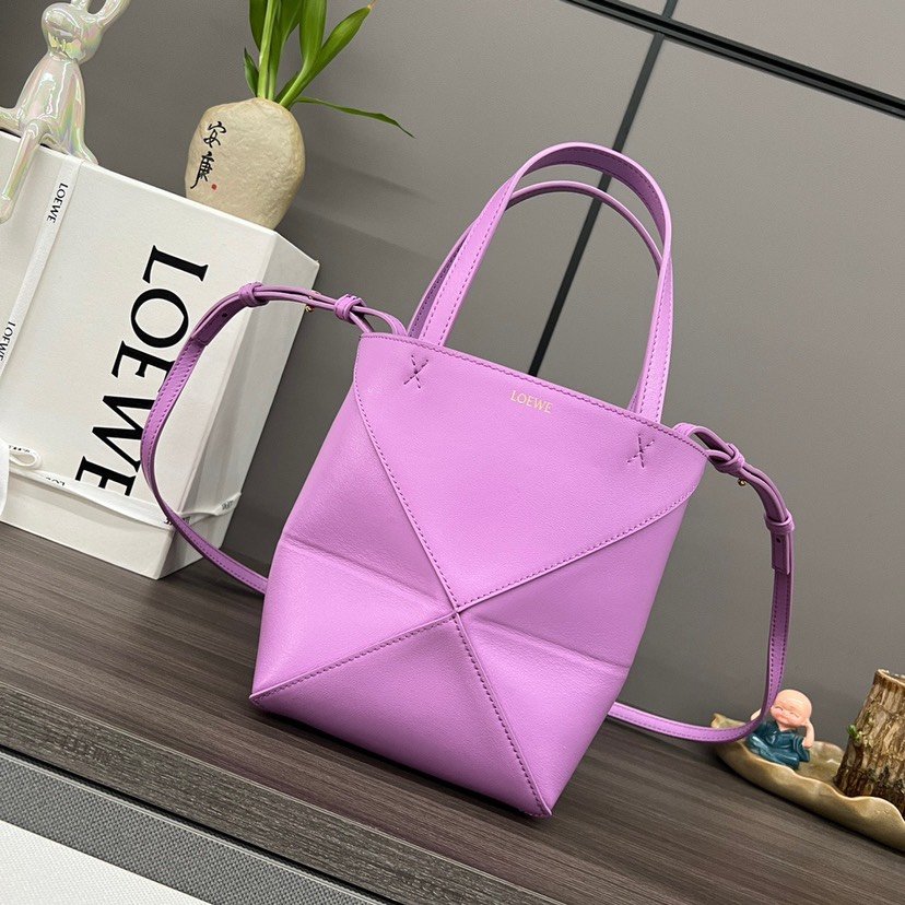Loewe Mini Puzzle Fold Tote in shiny calfskin Purple