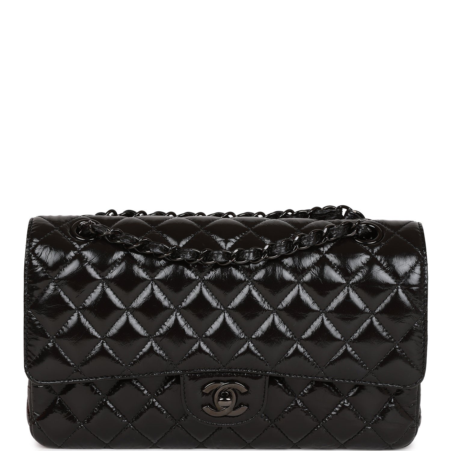 Chanel Shiny Crumpled Calfskin Quilted Medium Double Flap So Black