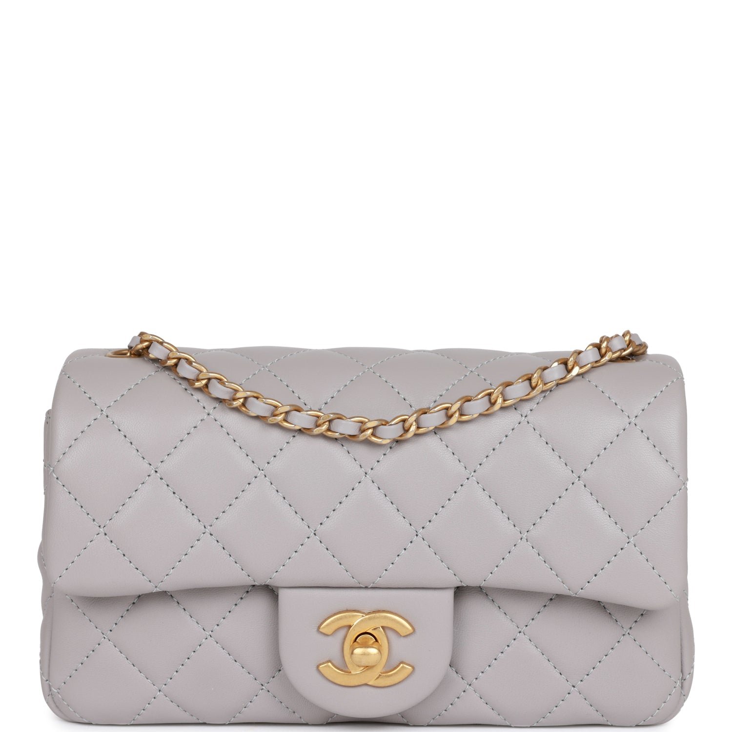 Chanel Classic Flag Bag Pearl Crush Mini Rectangular Flap Bag Light Grey   Antique Gold Hardware
