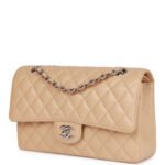 Chanel Classic Flag Bag Medium Classic Double Flap Bag Beige Caviar Silver Hardware - Image 5