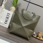 Loewe Puzzle Fold Tote in shiny calfskin Medium Green