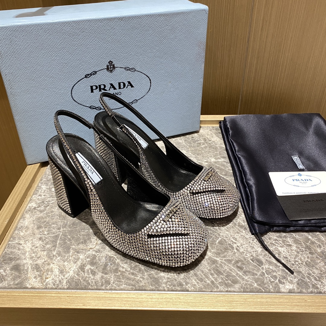 Prada  Thick Heel With Drill Slide Sandal