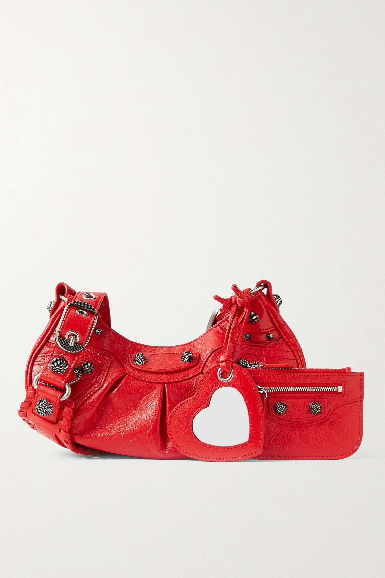 BALENCIAGA Le Cagole XS studded crinkled-leather shoulder bag red